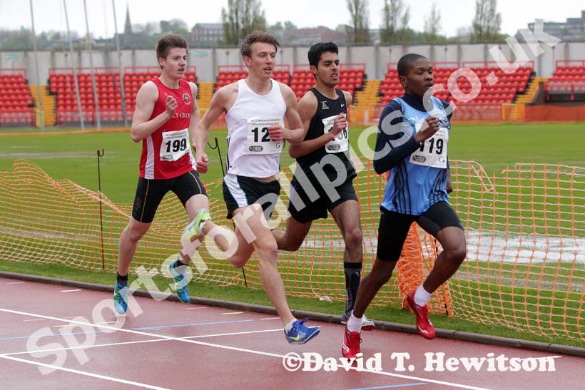 Andre Coggins (Oaklands College) leads  from eventual winner Oliver James (Gateshead College) during the 800 metres  British College Championships, Gateshead International Stadium.